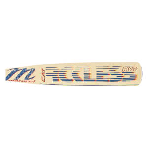 Side view of a cream baseball bat with a blue speckled Marucci logo, CAT, and layered RCKLESS COMP text.