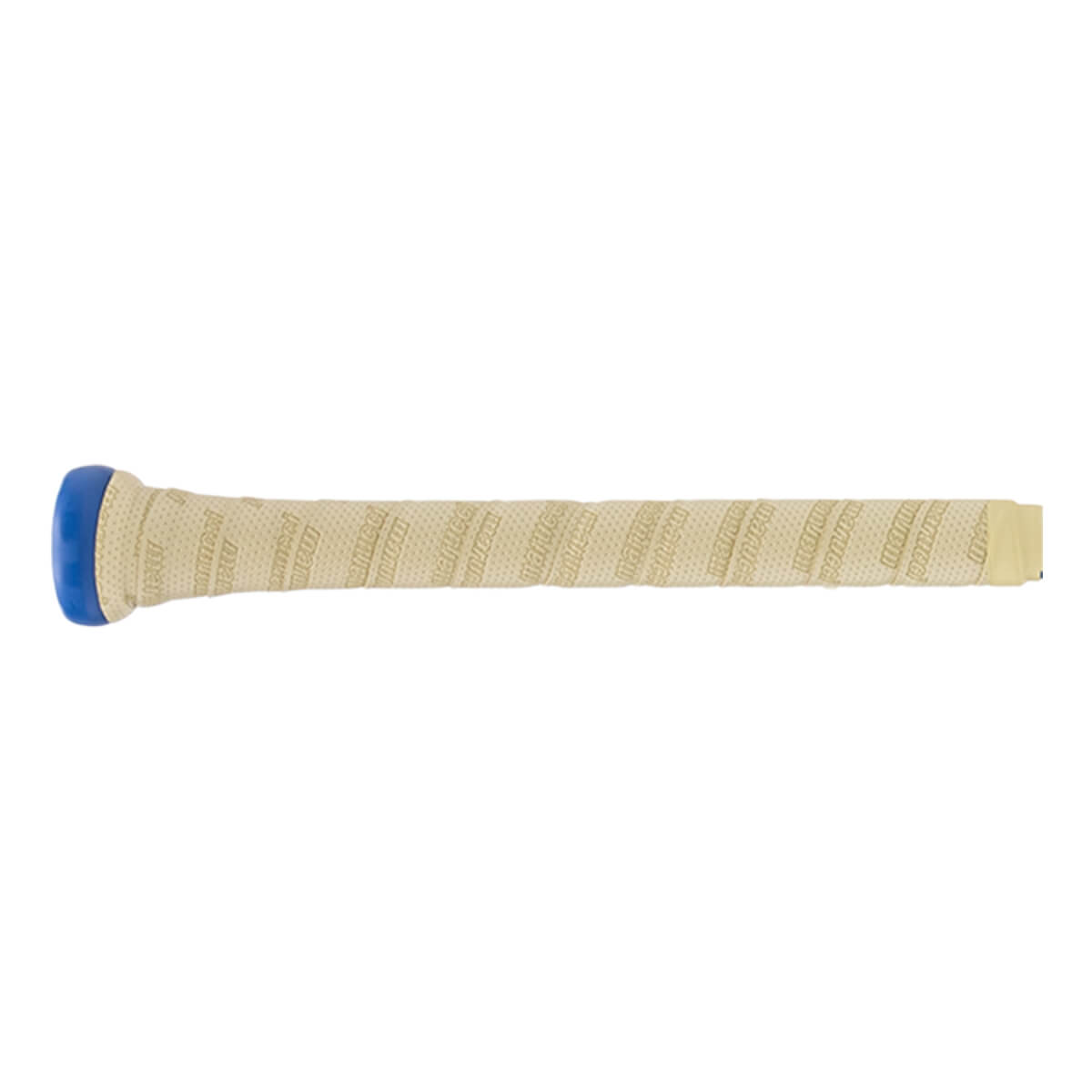 Side view of a cream baseball bat handle with a blue knob and textured spiral grip tape, with Marucci branding.