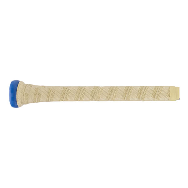 Side view of a cream baseball bat handle with a blue knob and textured spiral grip tape, with Marucci branding.