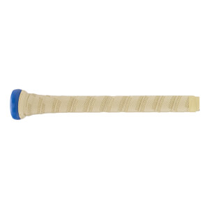 Side view of a cream baseball bat handle with a blue knob and textured spiral grip tape, with Marucci branding.