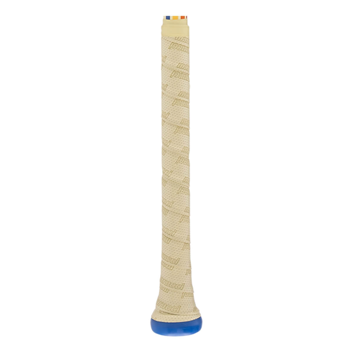 Side view of a cream baseball bat grip with repeated Marucci text, a blue knob, and colored stripes at the top.
