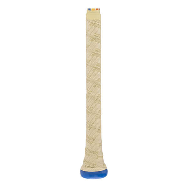 Side view of a cream baseball bat grip with repeated Marucci text, a blue knob, and colored stripes at the top.