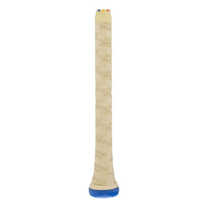 Side view of a cream baseball bat grip with repeated Marucci text, a blue knob, and colored stripes at the top.