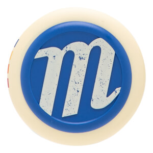 End cap view of a cream baseball bat with a blue circular emblem and a textured white m logo.