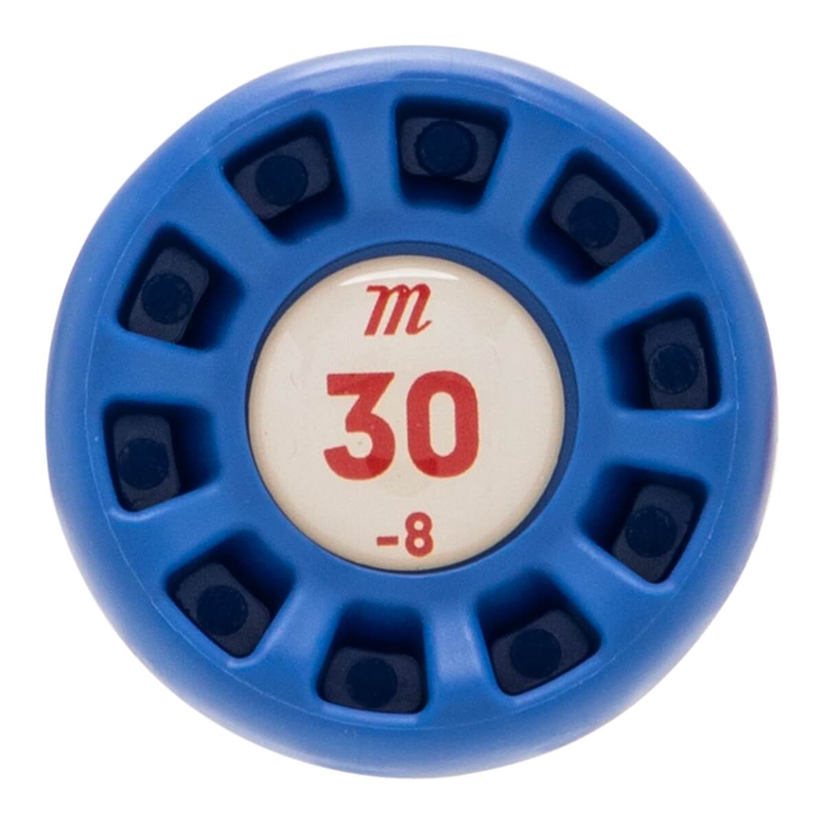 Top-down view of a blue baseball bat end cap with a central white circle displaying m 30 -8 and ten black inserts.