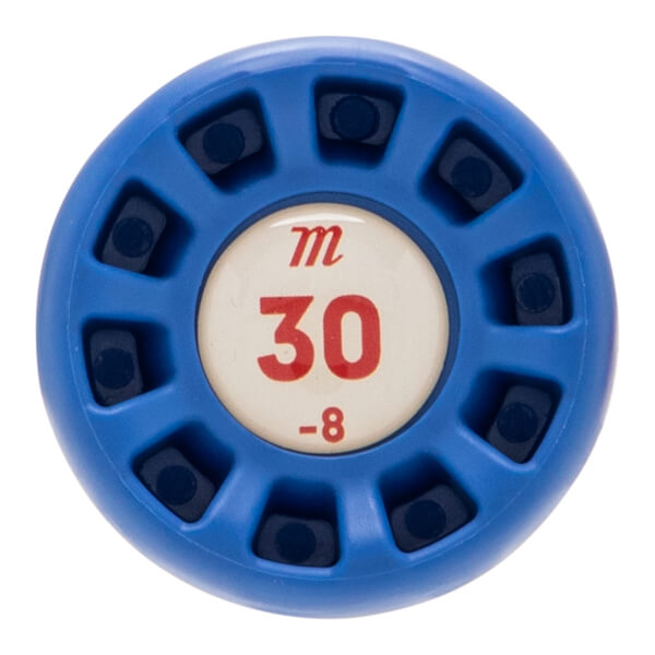 Top-down view of a blue baseball bat end cap with a central white circle displaying m 30 -8 and ten black inserts.