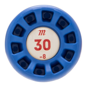 Top-down view of a blue baseball bat end cap with a central white circle displaying m 30 -8 and ten black inserts.