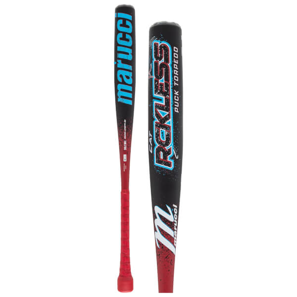 Side-by-side full and close-up views show a black and red bat with blue "marucci" and "RECKLESS" text, white "PUCK TORPEDO" lettering, and a red textured grip.