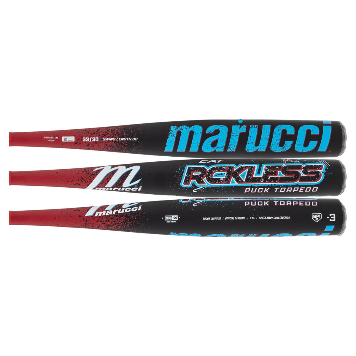 Side views of three bat barrels featuring a black and red gradient with prominent "marucci", "RCKLESS", and "PUCK TORPEDO" text in light blue and white.