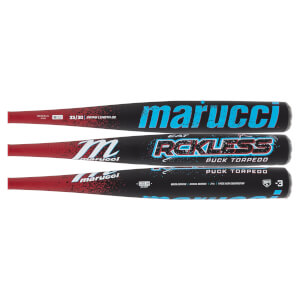 Side views of three bat barrels featuring a black and red gradient with prominent "marucci", "RCKLESS", and "PUCK TORPEDO" text in light blue and white.