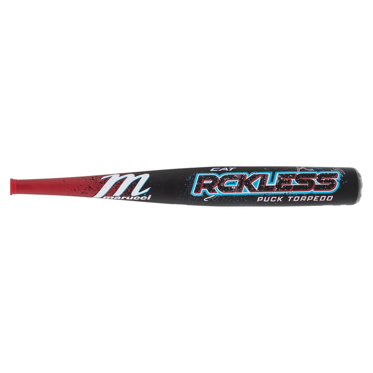 Horizontal side view of a baseball bat with a red-to-black gradient barrel featuring a white Marucci logo and stylized "CAT RECKLESS PUCK TORPEDO" text.