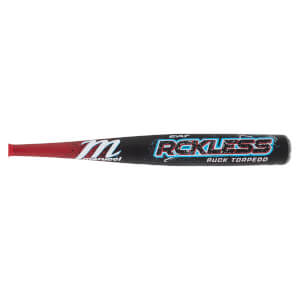 Horizontal side view of a baseball bat with a red-to-black gradient barrel featuring a white Marucci logo and stylized "CAT RECKLESS PUCK TORPEDO" text.