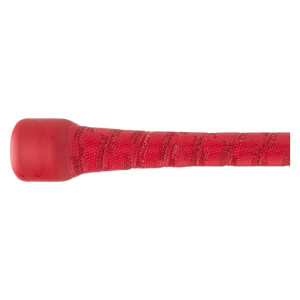 Close-up view of the red handle and knob featuring perforated grip tape with the brand name marucci printed repeatedly across the textured surface.