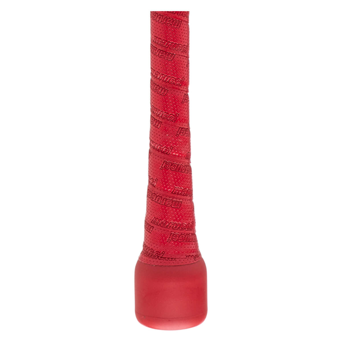 Close-up view of the red bat handle featuring perforated grip tape with "marucci" embossed throughout and a matching red tapered knob at the base.