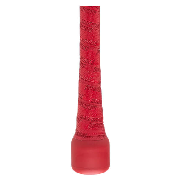 Close-up view of the red bat handle featuring perforated grip tape with "marucci" embossed throughout and a matching red tapered knob at the base.