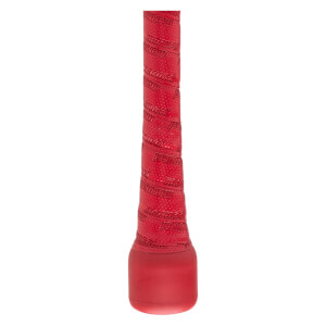 Close-up view of the red bat handle featuring perforated grip tape with "marucci" embossed throughout and a matching red tapered knob at the base.