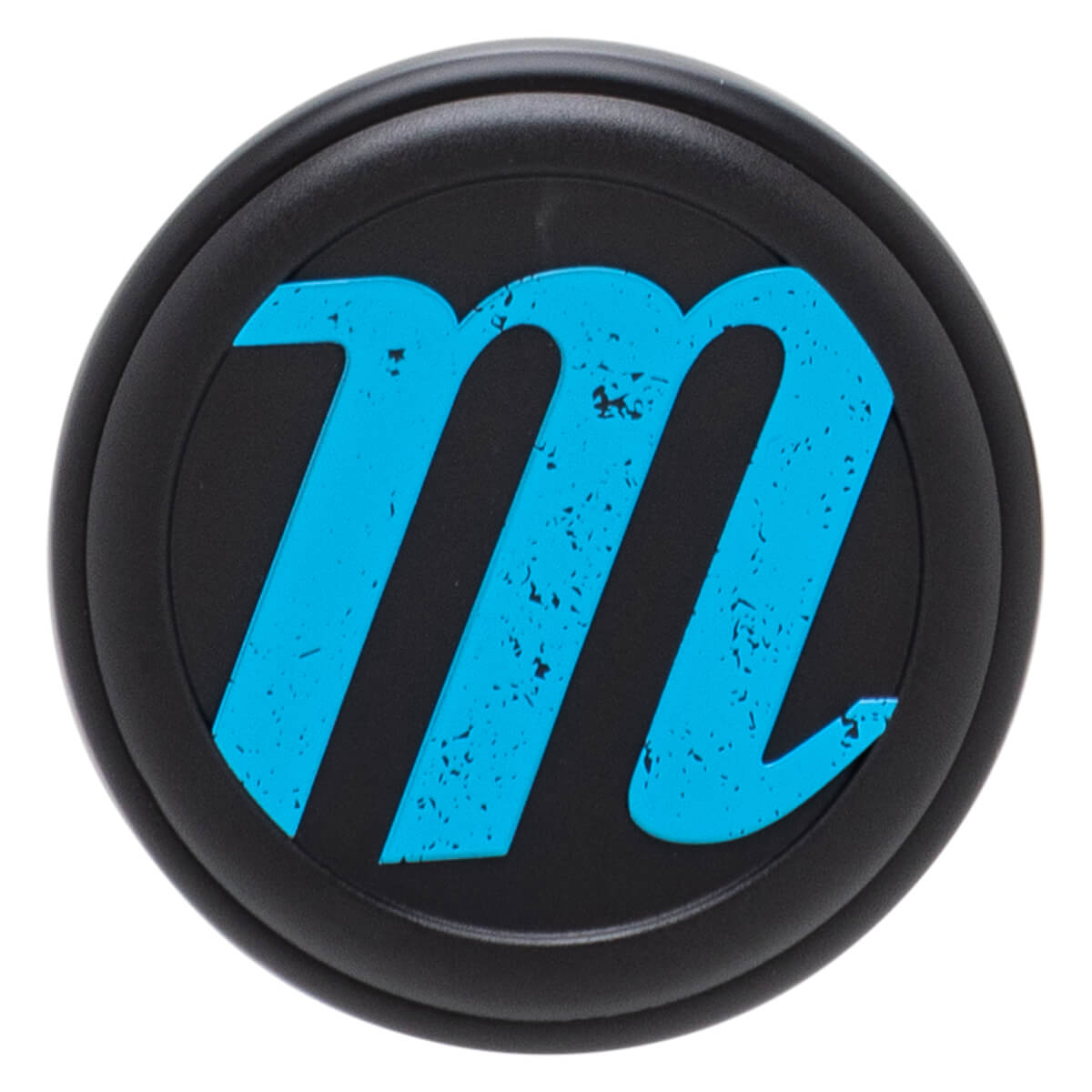 Top-down view of the black circular end cap featuring a stylized, textured blue lowercase "m" logo in the center.