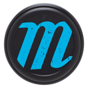 Top-down view of the black circular end cap featuring a stylized, textured blue lowercase "m" logo in the center.