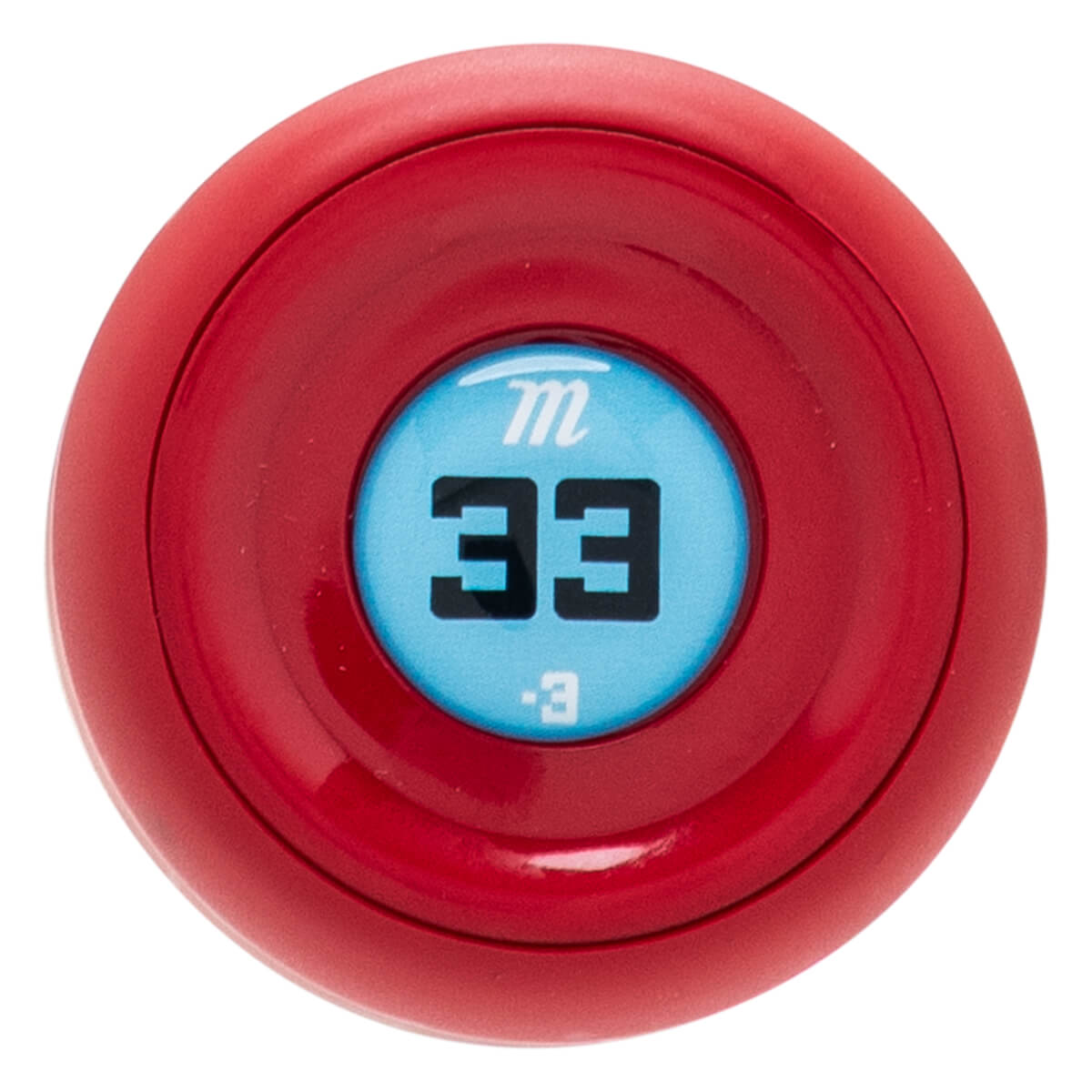 Top-down view of the red bat knob featuring a blue center decal with the Marucci m logo, the number 33 in large black font, and a -3 weight drop indication.