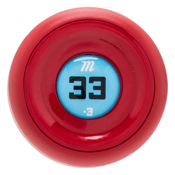 Top-down view of the red bat knob featuring a blue center decal with the Marucci m logo, the number 33 in large black font, and a -3 weight drop indication.