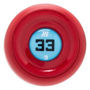 Top-down view of the red bat knob featuring a blue center decal with the Marucci m logo, the number 33 in large black font, and a -3 weight drop indication.