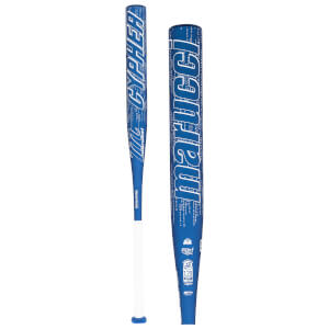 Front view of a blue Marucci baseball bat with white text reading "CYPHER" and "marucci".