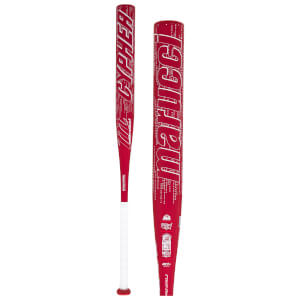 Front view of a red Marucci baseball bat with white "CYPHER" lettering and "OFFICIAL SOFTBALL" text.