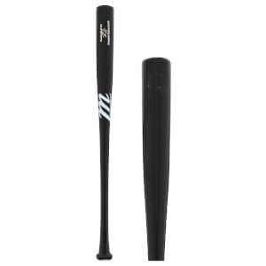 Front view of a black baseball bat with a white Marucci M logo, Handcrafted for FF text, and a separate close-up of the barrel.