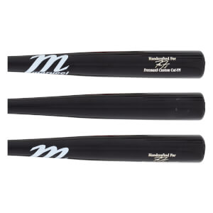 Side view of a black baseball bat with white Marucci logo and Handcrafted For Freeman5 Custom Cut-YM text.
