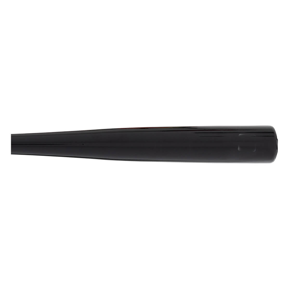 Side view of a glossy black baseball bat with a smooth, tapering barrel and a small circular mark.