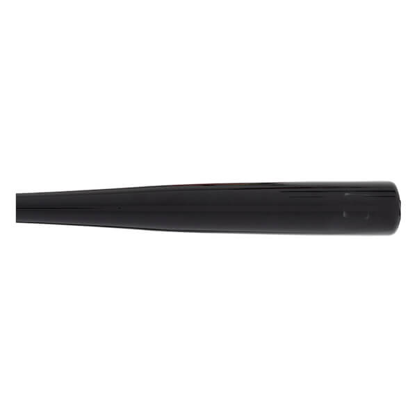 Side view of a glossy black baseball bat with a smooth, tapering barrel and a small circular mark.