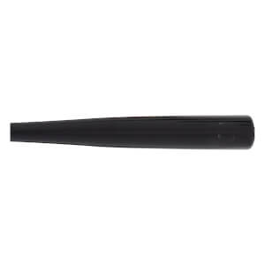 Side view of a glossy black baseball bat with a smooth, tapering barrel and a small circular mark.