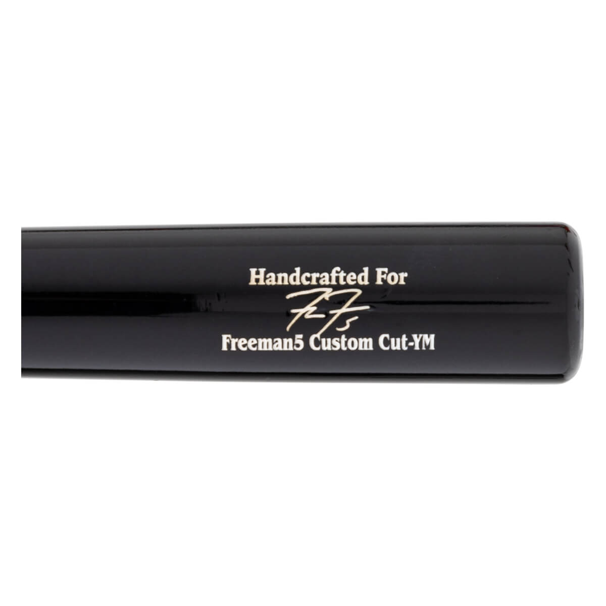 Close-up of a black baseball bat with gold Handcrafted For, a signature, and Freeman5 Custom Cut-YM text.