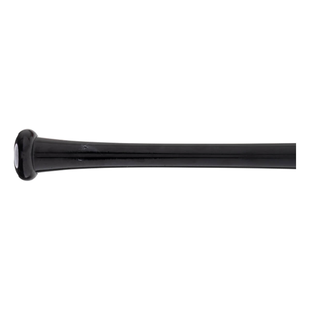Side view of a black baseball bat with a glossy finish, visible knob, and tapering handle.