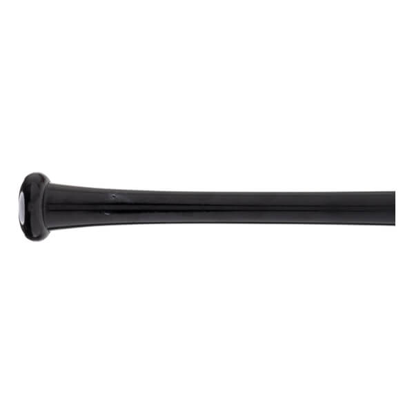 Side view of a black baseball bat with a glossy finish, visible knob, and tapering handle.