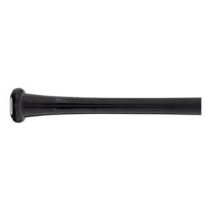 Side view of a black baseball bat with a glossy finish, visible knob, and tapering handle.