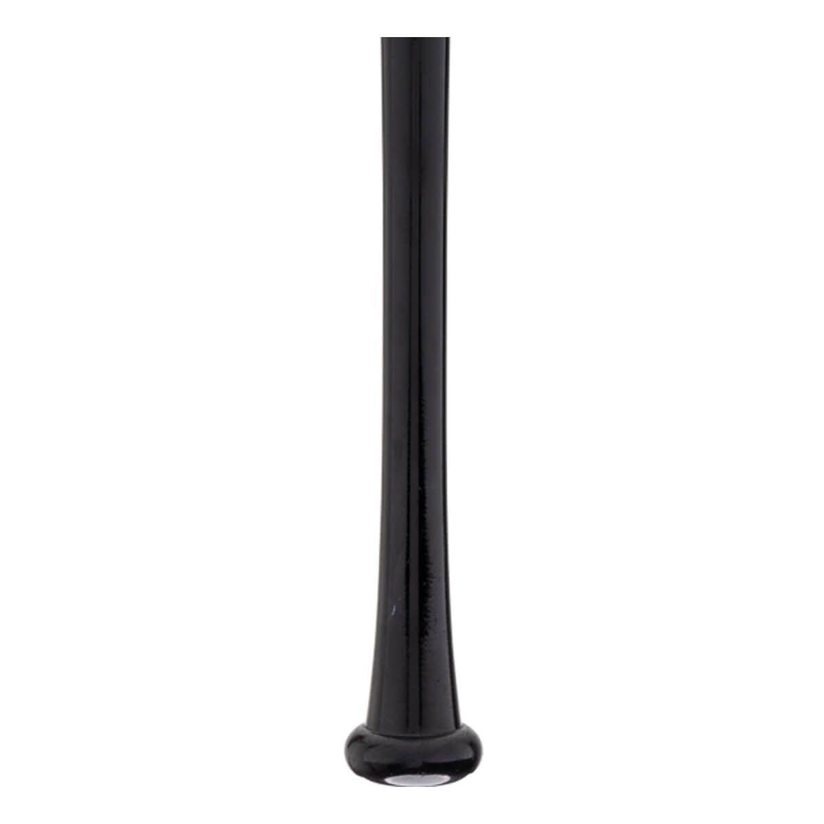 Bottom view of a black baseball bat with a glossy finish, tapering handle, and rounded knob with a white circle.