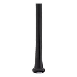 Bottom view of a black baseball bat with a glossy finish, tapering handle, and rounded knob with a white circle.