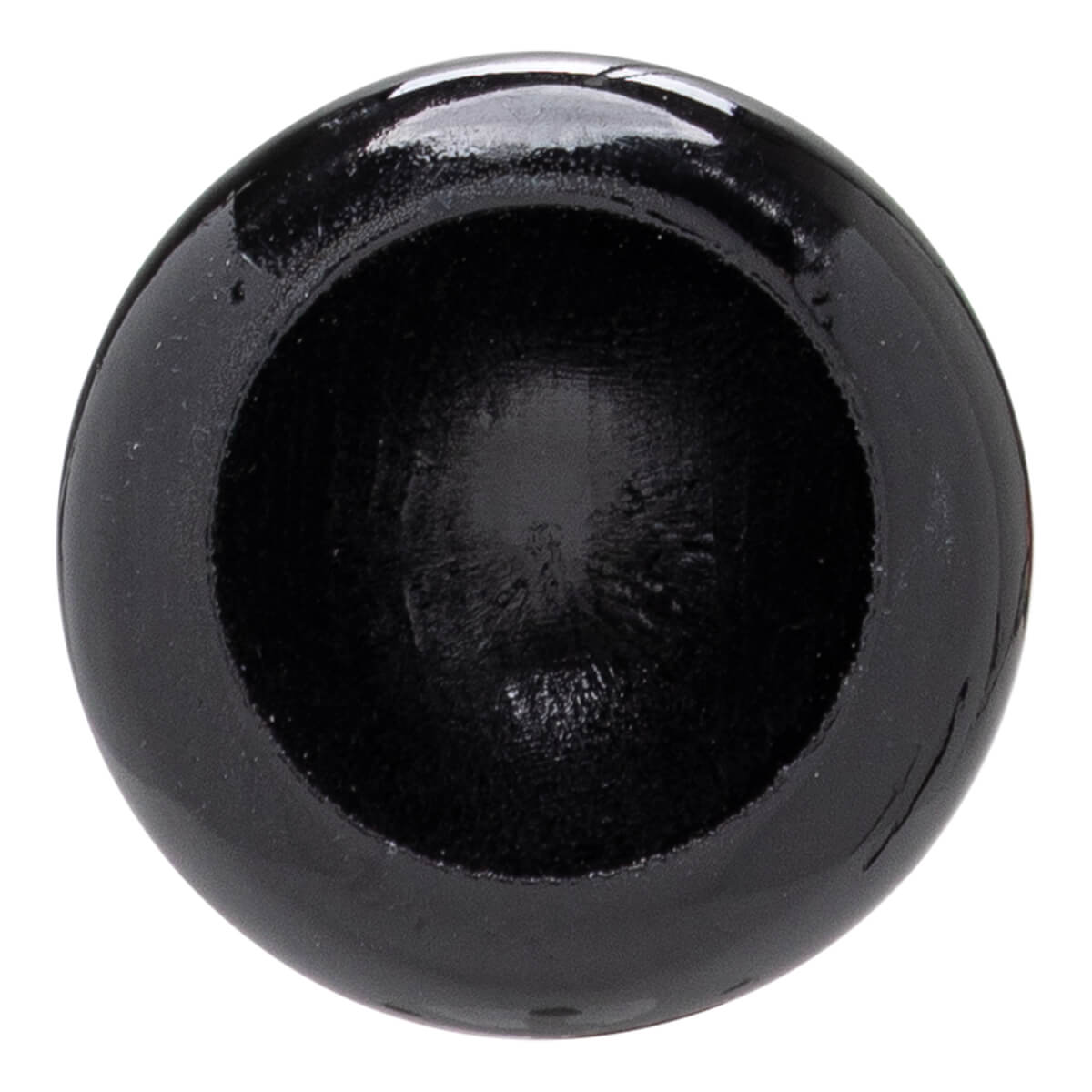 End view of a black baseball bat with a glossy cupped barrel and textured interior.