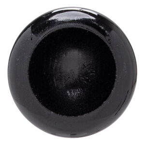 End view of a black baseball bat with a glossy cupped barrel and textured interior.