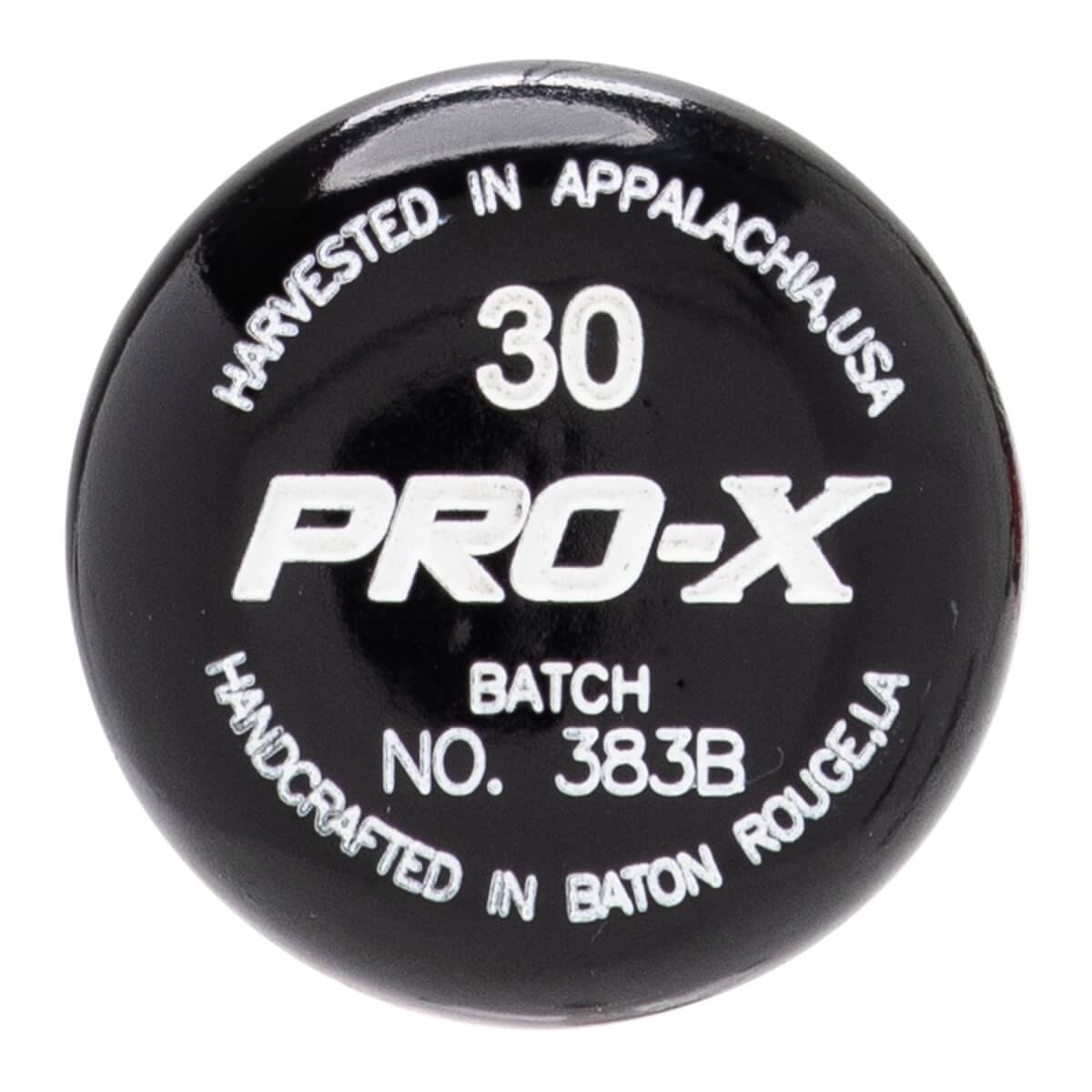 Close-up of black baseball bat end cap with white PRO-X logo, 30, and HARVESTED IN APPALACHIA, USA text.