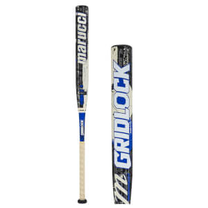 Side view of a Marucci baseball bat with "GRIDLOCK" and "marucci" logos in blue and white.