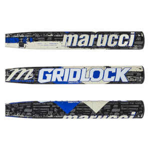 Front view of a Marucci GRIDLOCK baseball bat with blue and white lettering and a black graphic pattern.