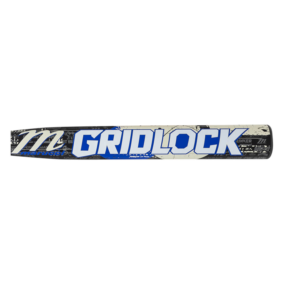 Side view of a baseball bat with "GRIDLOCK" in large blue and white letters and a "M" logo.