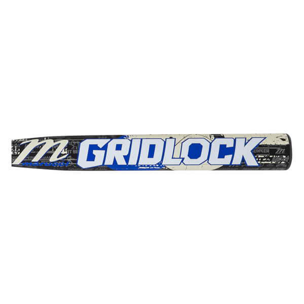 Side view of a baseball bat with "GRIDLOCK" in large blue and white letters and a "M" logo.