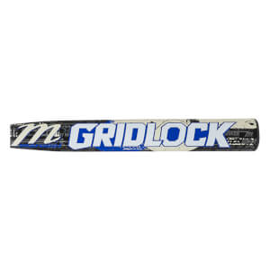 Side view of a baseball bat with "GRIDLOCK" in large blue and white letters and a "M" logo.