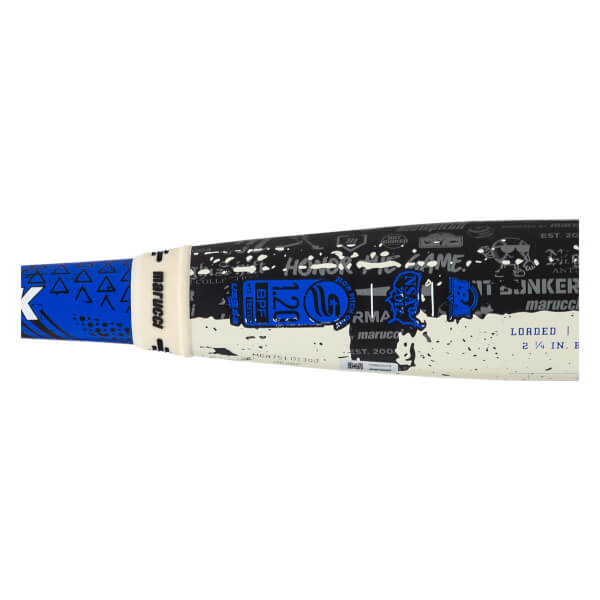 Side view of a black and blue baseball bat with "HONOR THE GAME" and "LOADED" text.