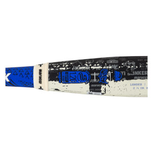 Side view of a black and blue baseball bat with "HONOR THE GAME" and "LOADED" text.