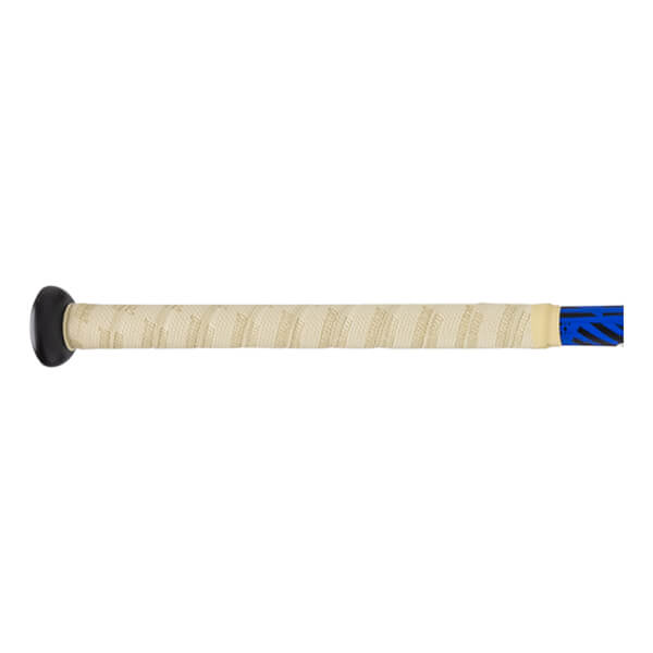 Side view of a baseball bat grip with a black knob, textured beige grip tape, and blue accents.