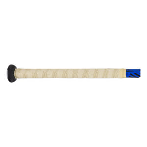 Side view of a baseball bat grip with a black knob, textured beige grip tape, and blue accents.